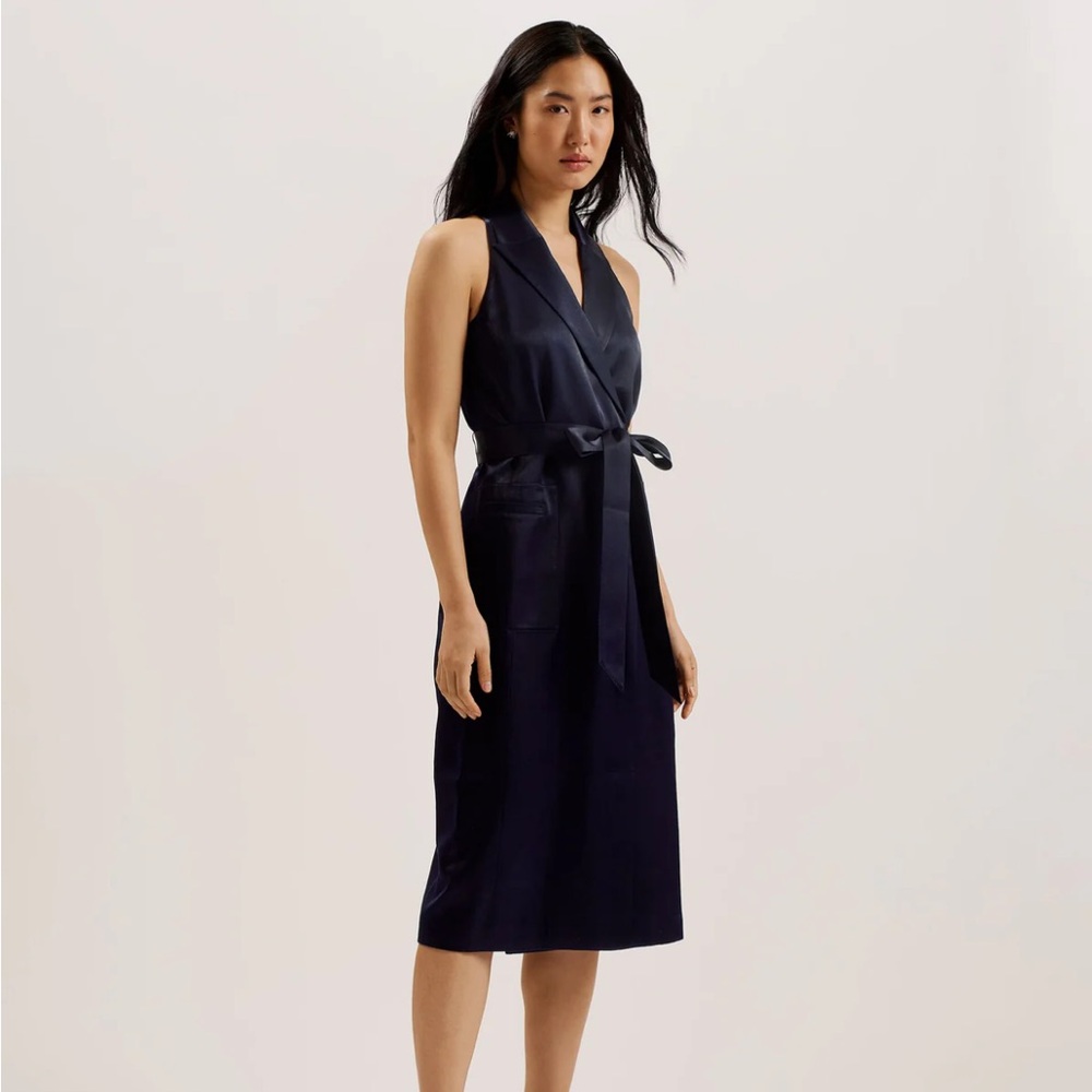 NEW Ted Baker Satin Wrap Midi Dress Navy Size 8 - Wedding Guest Coastal Chic